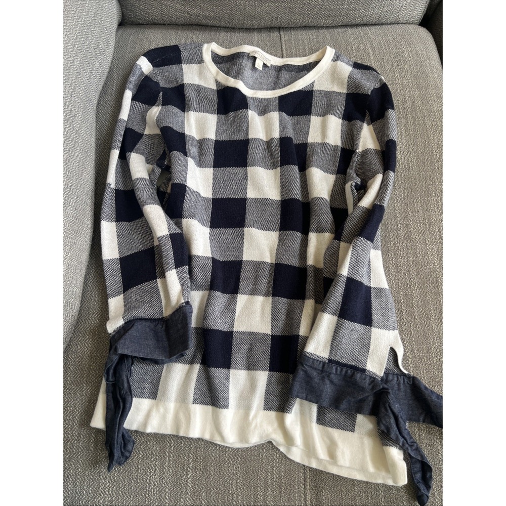 Talbots Women's Buffalo Plaid Knit Tunic Top w/Tie Sleeve Detail Size L Petite